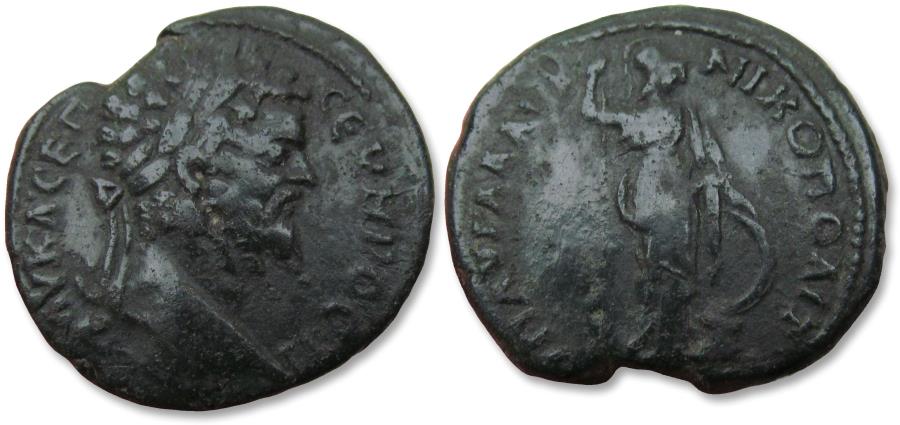 Ancient Coins - Æ 27mm Septimius Severus - struck under Aurelius Gallus, legatus consularis, Moesia Inferior, Nikopolis circa 201-203 A.D. - Minerva (or Athena) with shield and spear -