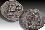 Ancient Coins - AR denarius L. Julius Bursio, Rome 85 B.C. - control symbol: EAR - Ex LNB Collection of J Bursio Denarii