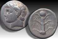 Ancient Coins - AR didrachm KYRENAICA / Cyrenaica - Kyrene / Cyrene, time of Magas circa 294-275 B.C. - coiled serpent + monogram -