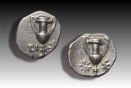 Ancient Coins - AR obol Calabria, Tarentum circa 280-228 B.C. - rare symbols / monogram variety -