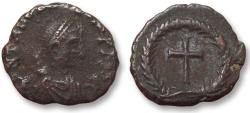 Ancient Coins - AE 12mm minimus / nummus Theodosius II, unknown mint 402-450 A.D. - cross within wreath -