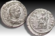 Ancient Coins - AR denarius Elagabalus, Rome mint circa 219 A.D.  - P M TR P II COS II P P, Roma seated left -