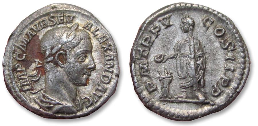Ancient Coins - AR denarius Severus Alexander, Rome mint 226 A.D. - P M TR P V COS II P P, Severus Alexander left, offering -