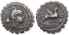 AR denarius L. Papius, Rome 79 B.C. -- furnace / smelting cupel control symbols, symbol pair 24 --