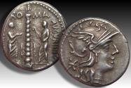Ancient Coins - AR denarius Ti. Minucius C.f. Augurinus, Rome 134 B.C.