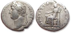 Ancient Coins - AR denarius Hadrian / Hadrianus, Rome circa 128-130 A.D. - IVSTITIA AVG P P / COS III - rare left bust