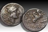 Ancient Coins - AR denarius T. Cloelius / Cloulius, Rome 128 B.C.