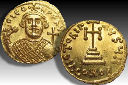 Ancient Coins - AV gold solidus Leontius, Constantinople mint 695-698 A.D. - Officina H - superb high quality coin -