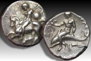 Ancient Coins - AR silver nomos / didrachm Calabria, Tarentum - struck under Nikon, Ey-, and Ari- as magistrates - circa 302-280 B.C.