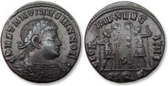 Ancient Coins - Constantine II Caesar, AE follis, Aquileia mint 335-336 A.D. - mintmark AQS + letter F between standards -