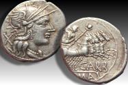Ancient Coins - AR denarius Cn. Papirius Carbo, Rome 121 B.C. -- attractive toning --