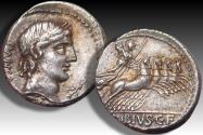 Ancient Coins - AR silver denarius C. Vibius C.f. Pansa, Rome 90 B.C. - branch or flying bird as control symbol ? -