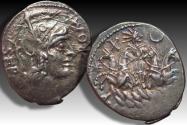 Ancient Coins - AR denarius A. Manlius Q. f. Sergianus, Rome 118-107 B.C. - beautifully struck for this rare cointype -