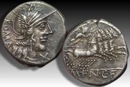 Ancient Coins - AR denarius M. Fannius C.f., Rome 123 B.C. - high quality for the type -