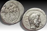 Ancient Coins - AR denarius L. Titurius L.f. Sabinus, Rome 89 B.C. - The abduction of the Sabine women -