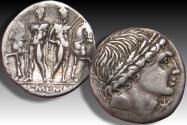 Ancient Coins - AR silver denarius L. Memmius, Rome mint 109-108 B.C.