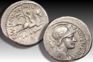 Ancient Coins - AR denarius P. Fonteius P.f. Capito, Rome 55 B.C. - with old collector's handwritten ticket -