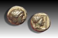 Ancient Coins - EL elektrum / electrum hekte Lesbos, Mytilene circa 377-326 B.C. - with old French certificate of authenticity from 1995 -