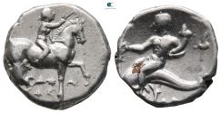 Ancient Coins - Calabria. Tarentum. ΑΓΑΘΑΡΧΟΣ, magistrate circa 272-240 BC. Nomos AR
