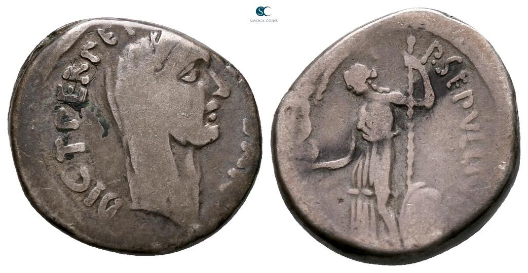Ancient Coins - Julius Caesar, 49-44 BC. Denarius, with P. Sepullius Macer, Rome, first half of March 44.