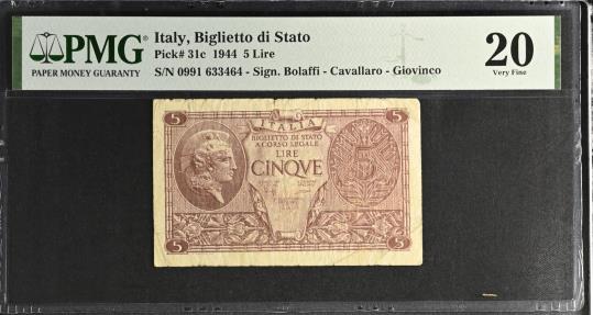 World Coins - Italy 5 Lire AD 1944 ( PMG Graded )