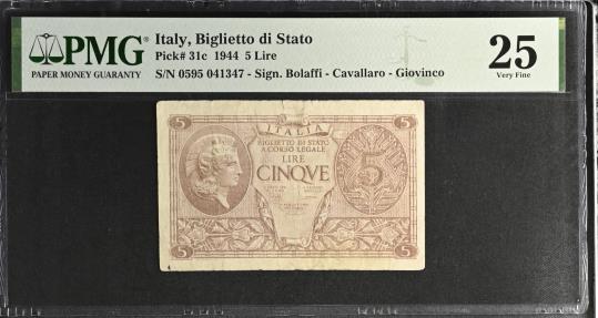 World Coins - Italy 5 Lire AD 1944 ( PMG Graded )