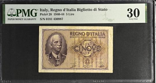 World Coins - Italy 5 Lire AD 1940-44 ( PMG Graded )