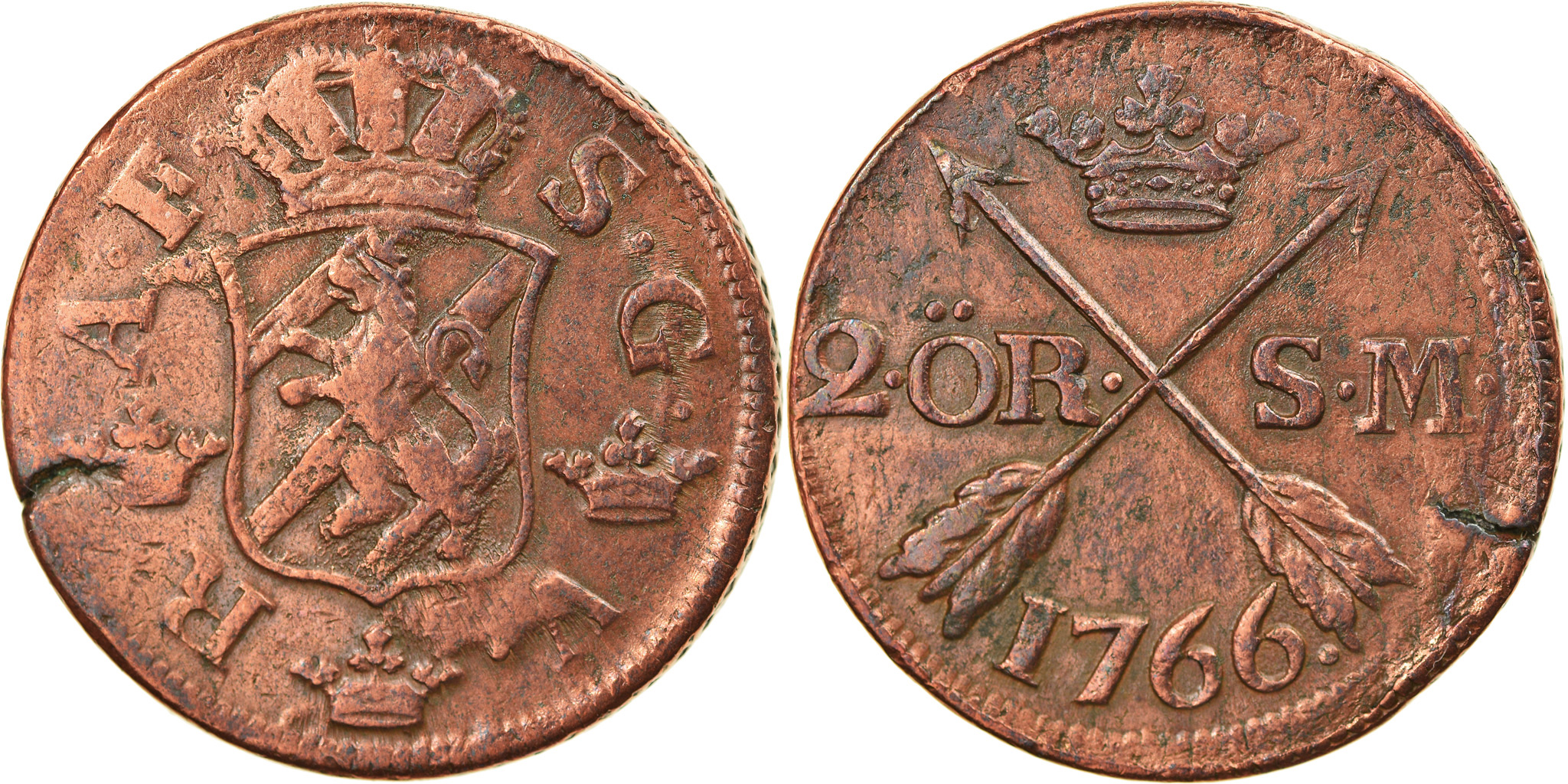 Coin Sweden Adolf Frederick 2 Ore S.M. 1766 Copper KM 461