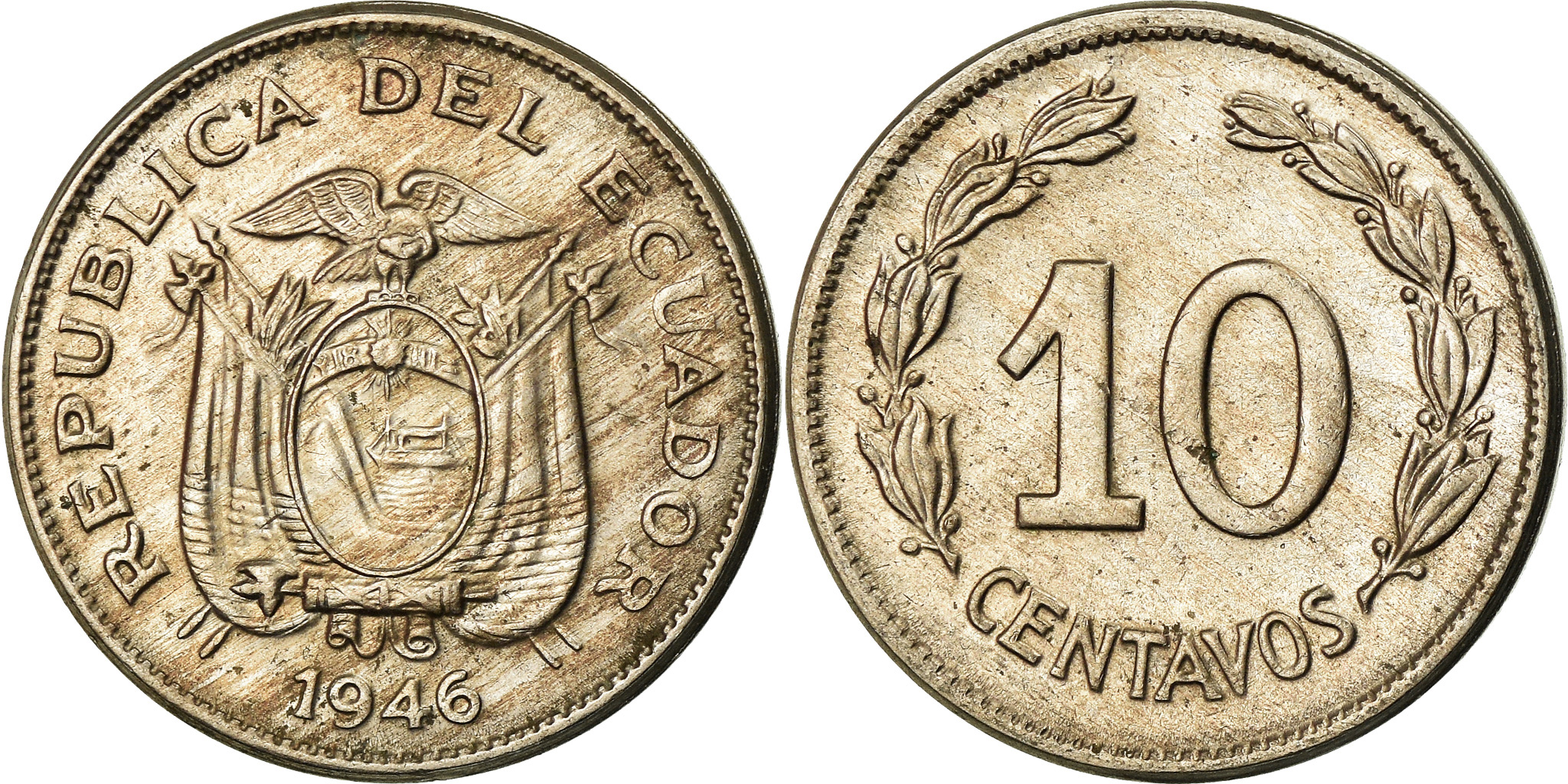 Coin Ecuador 10 Centavos Diez 1946 Philadelphia Copper nickel