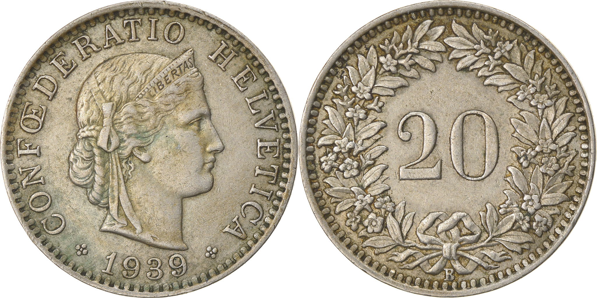 Coin, Switzerland, 20 Rappen, 1939, Bern, , Nickel, KM:29 | European Coins