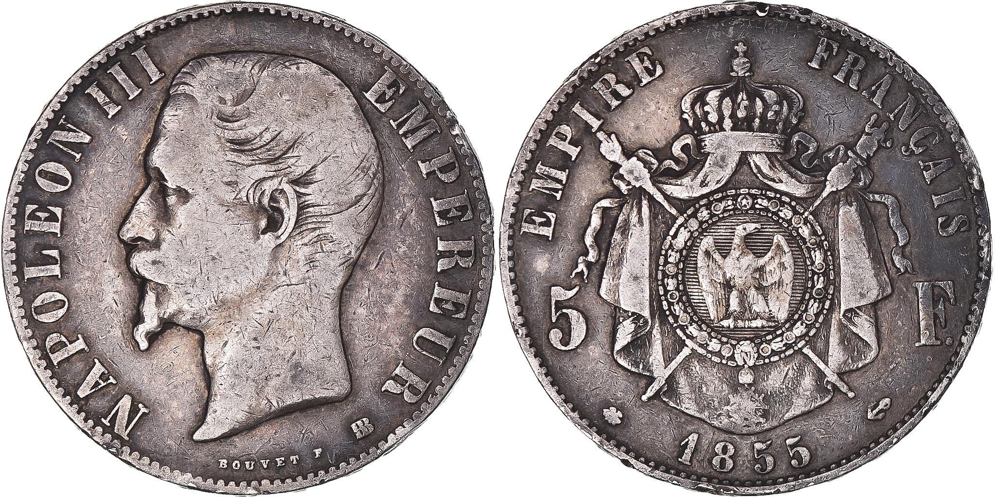Coin, France, Napoleon III, 5 Francs, 1855, Strasbourg, , Silver