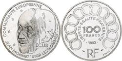World Coins - France, 100 Francs / 15 Écus, Jean Monnet, 1992, Monnaie de Paris, BE, Silver