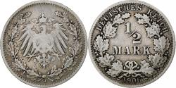 World Coins - GERMANY - EMPIRE, 1/2 Mark, 1906, Hambourg, Silver, , KM:17