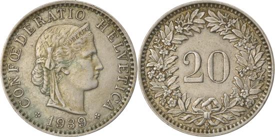 Coin, Switzerland, 20 Rappen, 1939, Bern, , Nickel, KM:29