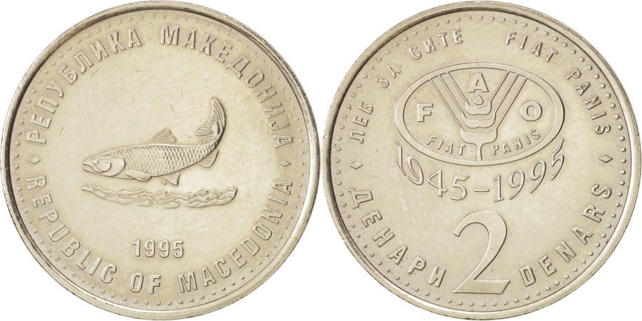 Macedonia 2 Denari Coin 1995 KM#6 FAO Trout fish AU-UNC from bank bag