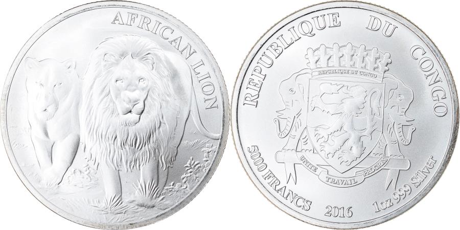 Coin, Congo Republic, African Lion, 5000 Francs, 2016, 1 Oz, , Silver