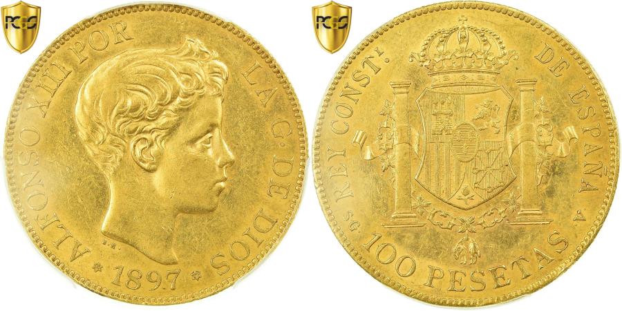 Coin Spain Alfonso Xiii 100 Pesetas 1897 Madrid Pcgs Au58 Red Gold