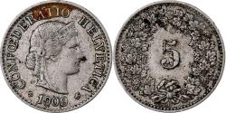 World Coins - Switzerland, 5 Rappen, Libertas, 1909, Bern, Copper-nickel,