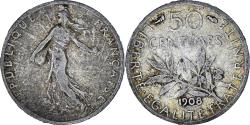 World Coins - Coin, France, Semeuse, 50 Centimes, 1908, Paris, , Silver, KM:854