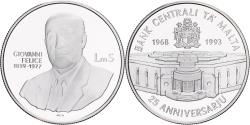 World Coins - Malta, 5 Liri, 25 ém Anniversaire Banque Centrale, 1993, BE, Silver,