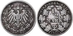 World Coins - GERMANY - EMPIRE, 1/2 Mark, 1905, Karlsruhe, Silver, , KM:17