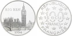 World Coins - France, 100 Francs / 15 Écus, Big Ben, 1994, Monnaie de Paris, BE, Silver