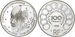 World Coins - France, 100 Francs-15 Ecus, Jean Monnet, 1992, Paris, BE, Silver,