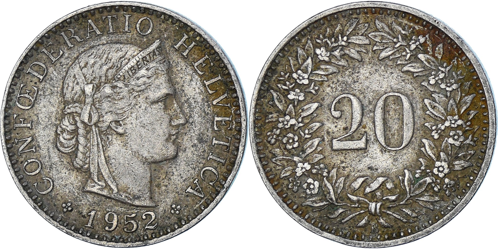 Coin, Switzerland, 20 Rappen, 1952 | European Coins