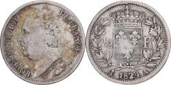 World Coins - France, Louis XVIII, 1/2 Franc, 1824, Paris, Silver,
