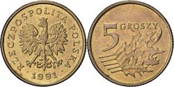 World Coins - Poland, 5 Groszy, 1991, Warsaw, Brass, , KM:278