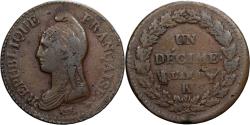 World Coins - France, 1 Décime, Dupré, AN 8, Bordeaux, Copper, , Gadoury:187a