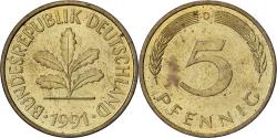 World Coins - Federal Republic of Germany, 5 Pfennig, 1991, Munich, Brass Clad Steel