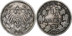 World Coins - GERMANY - EMPIRE, 1/2 Mark, 1906, Karlsruhe, Silver, , KM:17