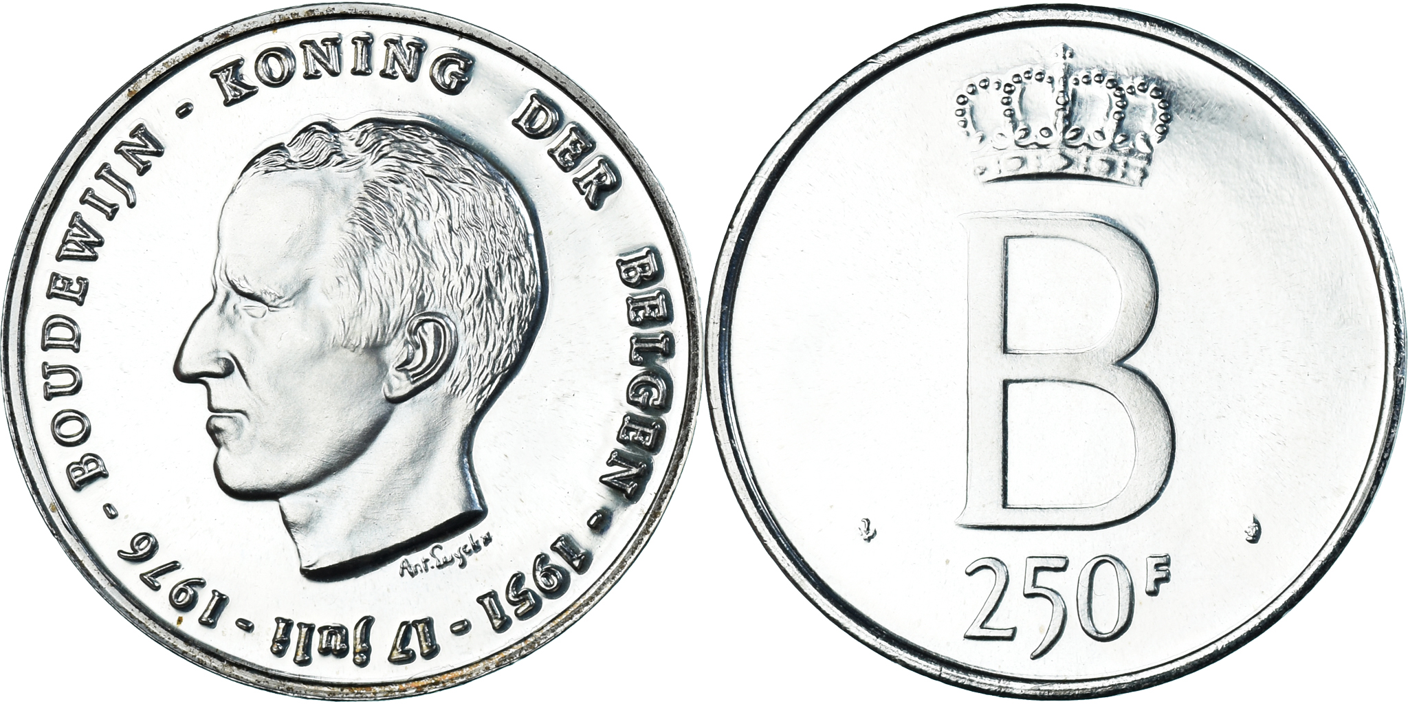 Coin, Belgium, Boudewijn, 250 Francs, 1976, Brussels, Prooflike,